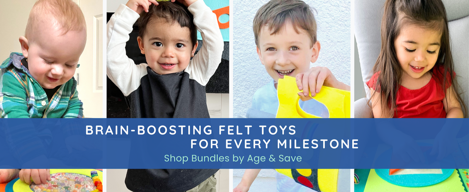 Promotional banner for brain-boosting felt toys with children playing and text overlay.