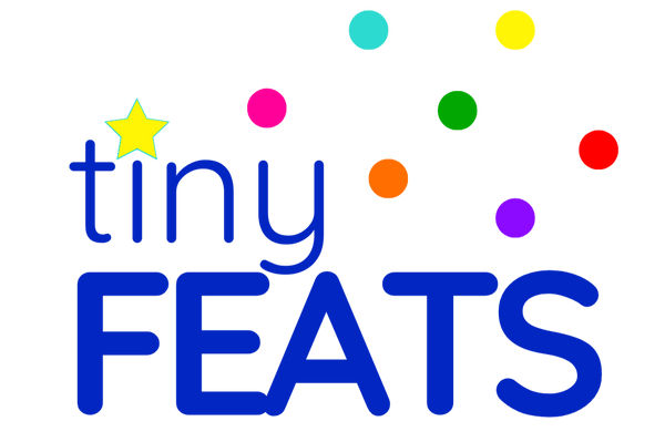 Logo of 'tiny FEATS' with colorful dots and a star on a white background